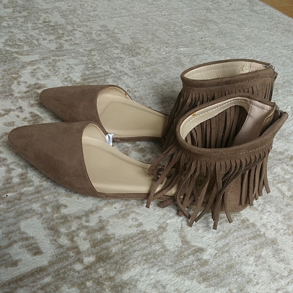 Charlotte Russe Fringe Ankle Faux Suede Pointy Toe Flat Shoes 10 Brown - Picture 7 of 16